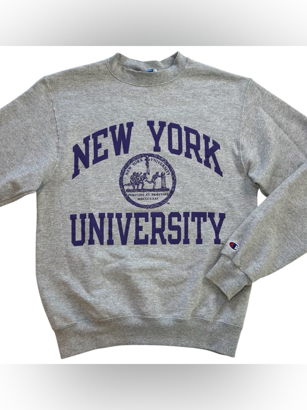 VTG Champion Eco Fleece NYU Sweatshirt New York University Crewneck Gray Adult S